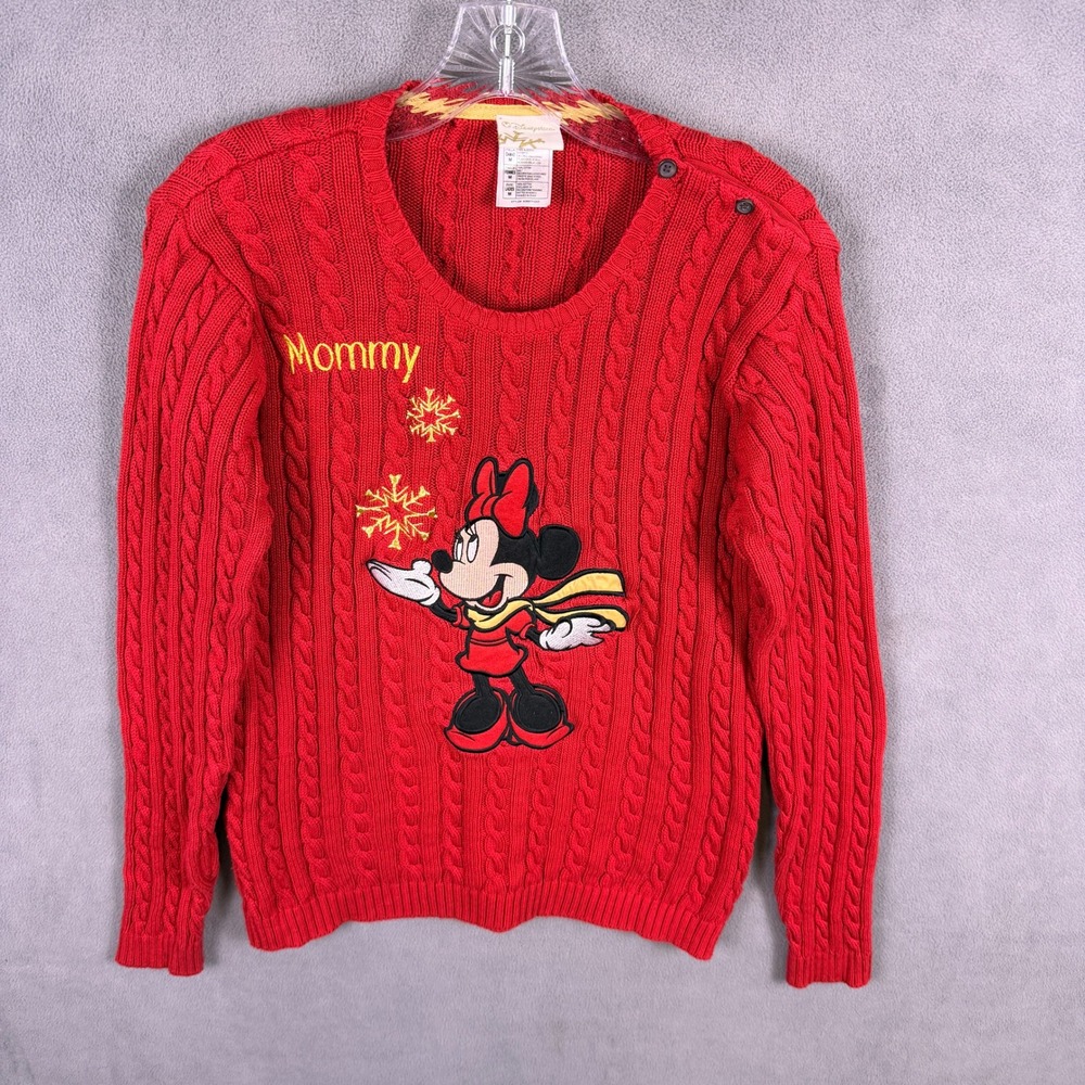VTG Disney Store Minnie Mouse Sweater Women M Red Mommy Snowflake Cable‎ Knit